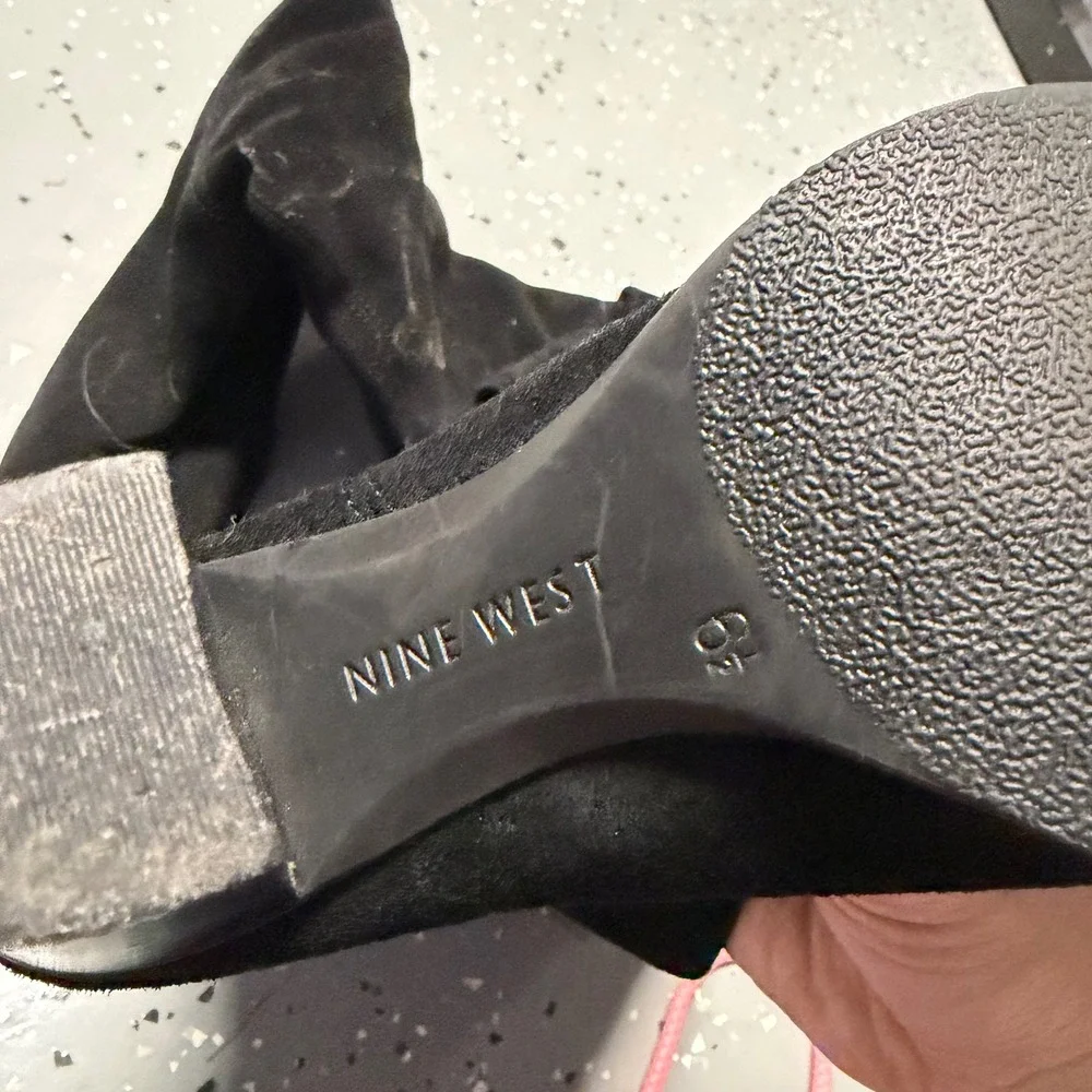 Nine West Women WNSEEMAM Black‎ Leather Tall Block Heel Boots 6.5M